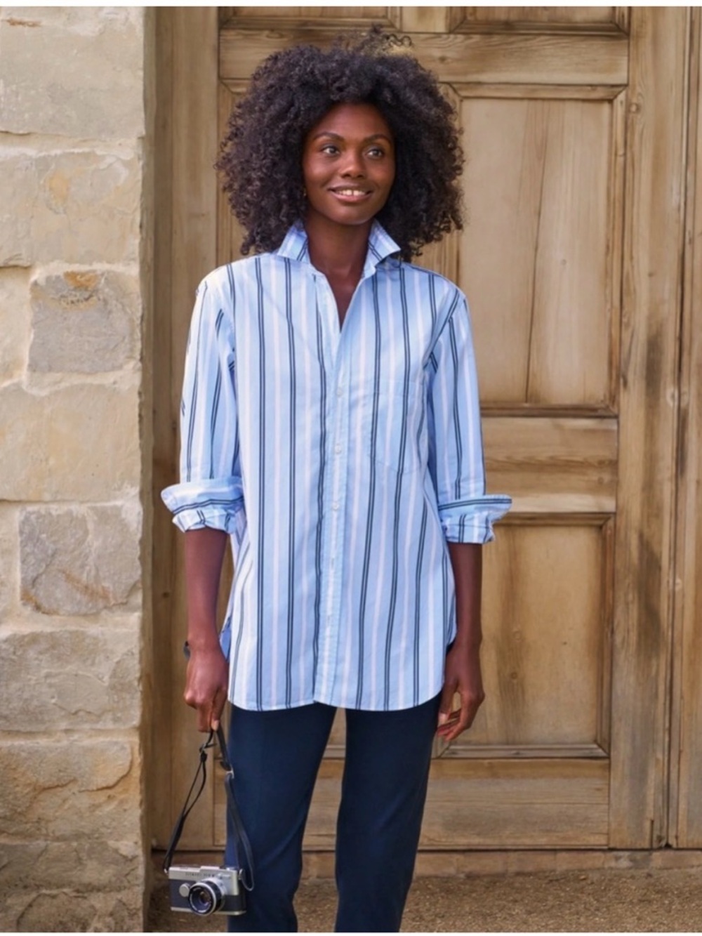 Frank & Eileen Joedy Striped Button Down Top Large Blue
